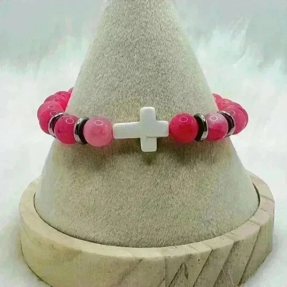 Bubble Gum Pink Beaded W/ White Cross Bracelet